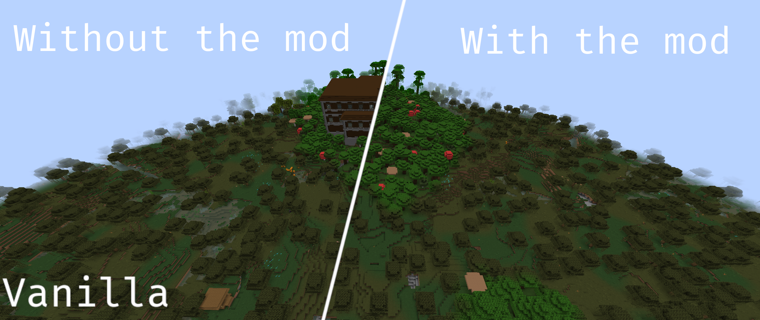 Сравнение между двумя мирами на одном сиде, слева показаны хижина ведьмы и особняк (без мода), справа показан тот же рельеф, но без этих структур Сравнение между двумя мирами на одном сиде, слева показаны хижина ведьмы и особняк (без мода), справа показан тот же рельеф, но без этих структур