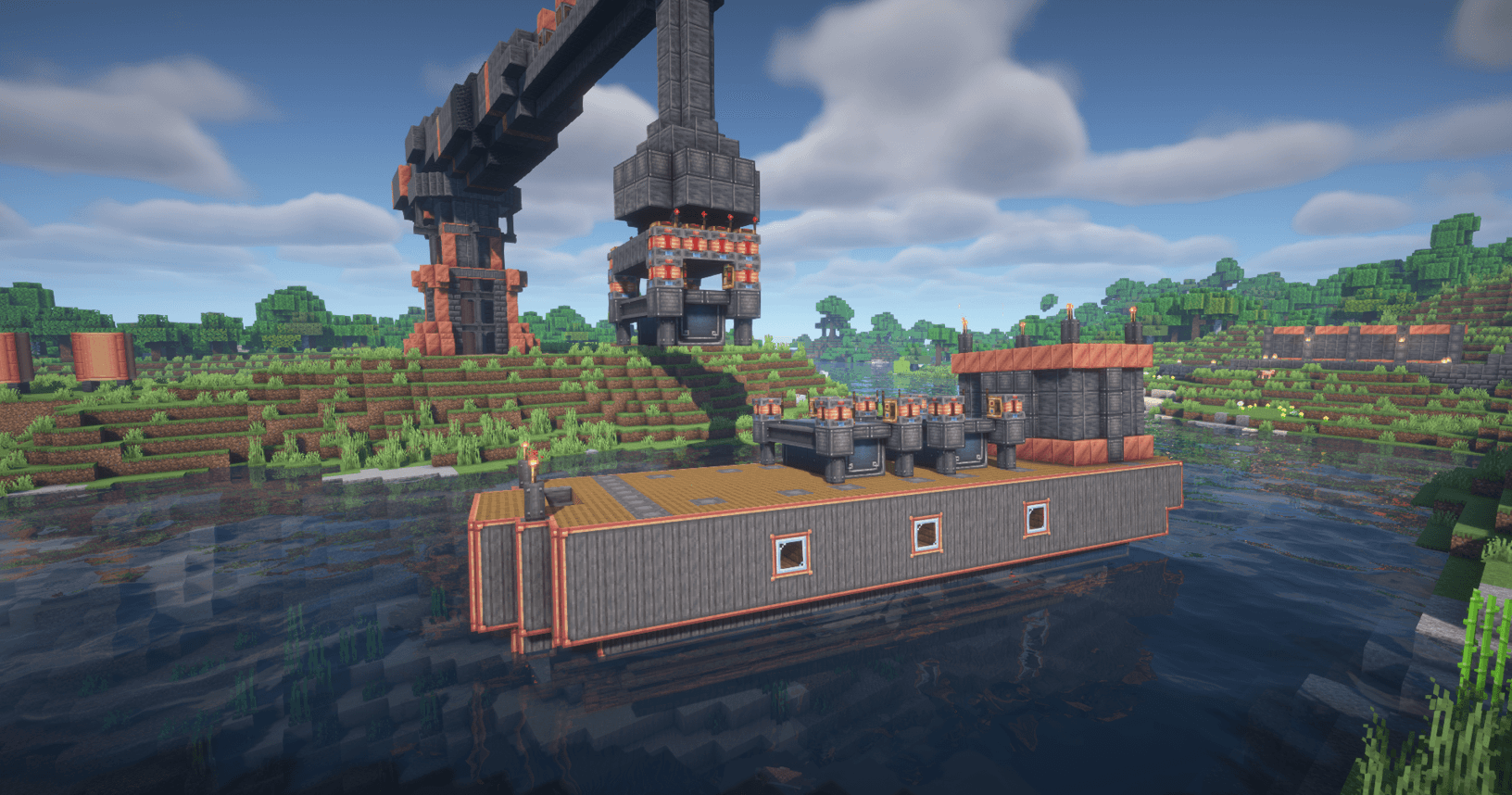 Кран использует редстоун-магниты для поднятия грузового контейнера Кран использует редстоун-магниты для поднятия грузового контейнера