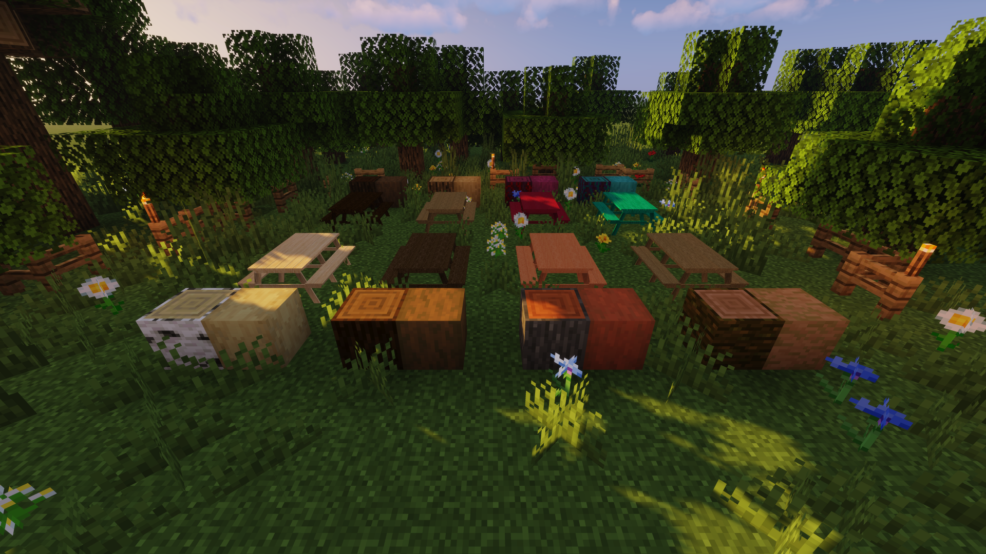 Все пикниковые скамейки, собранные вместе Все пикниковые скамейки, собранные вместе