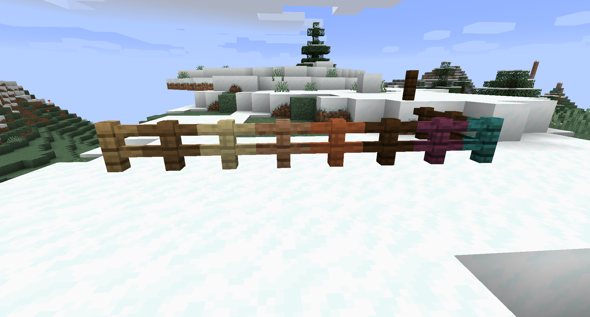 Стандартный улучшенный снег: добавляет снежный слой на некоторые неполноценные блоки, такие как заборы, множество растительных блоков и т. д. Стандартный улучшенный снег: добавляет снежный слой на некоторые неполноценные блоки, такие как заборы, множество растительных блоков и т. д.