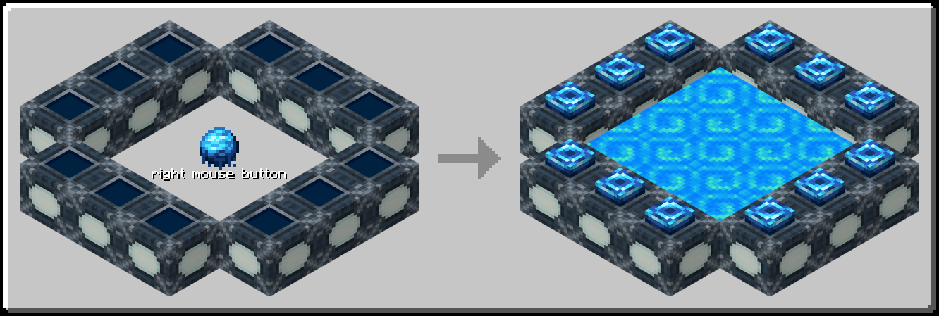 Разместите ядра Атлантиды в форме портала Края. Затем используйте сферы Атлантиды, чтобы зажечь портал. Разместите ядра Атлантиды в форме портала Края. Затем используйте сферы Атлантиды, чтобы зажечь портал.