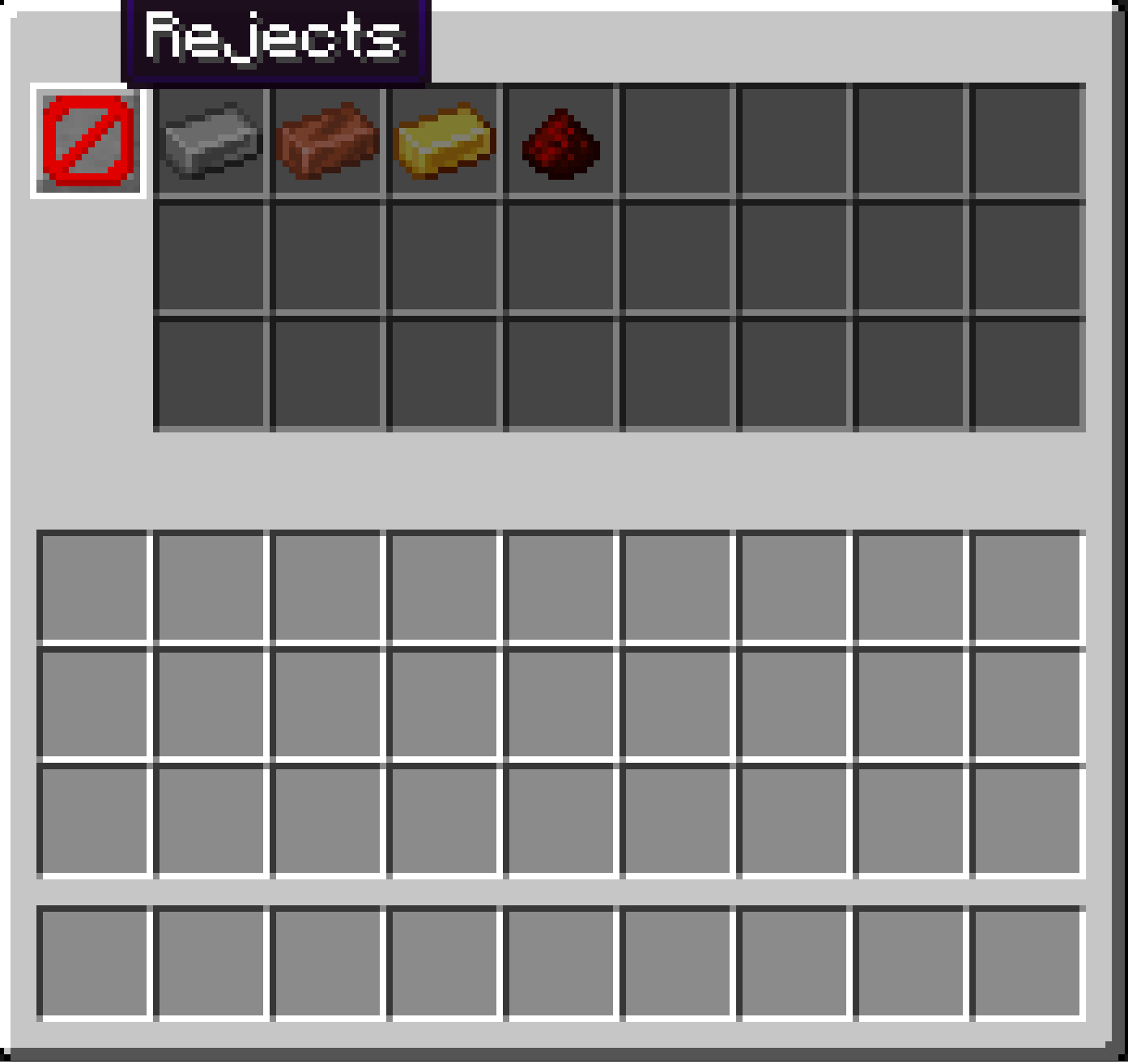 Этот фильтр принимает все предметы, отклоняемые другими фильтрами. Слитки железа, меди, золота и красная пыль в этом случае не имеют значения. Этот фильтр принимает все предметы, отклоняемые другими фильтрами. Слитки железа, меди, золота и красная пыль в этом случае не имеют значения.