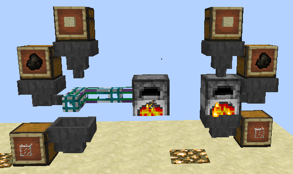 Пример схемы с использованием труб удаленного доступа для удаленной передачи предметов в печь и из нее. Пример схемы с использованием труб удаленного доступа для удаленной передачи предметов в печь и из нее.