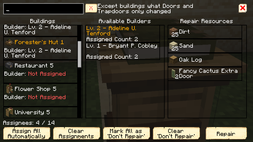 Можно просмотреть ресурсы для ремонта и назначить строителя в списке. Можно просмотреть ресурсы для ремонта и назначить строителя в списке.