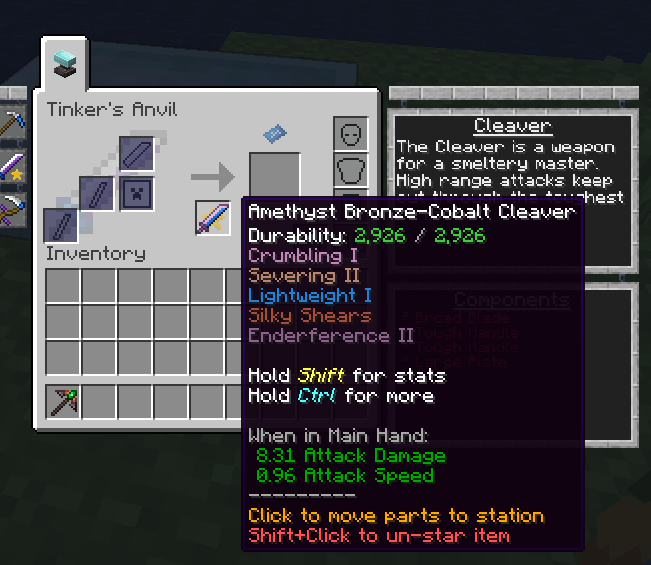 Добавление чертежа инструмента в избранное заставляет его отображаться в основном интерфейсе Tinkers. При щелчке по инструменту система попытается автоматически разместить в соответствующих слотах все подходящие детали из вашего инвентаря, а также сообщит, чего не хватает или что неправильно. Добавление чертежа инструмента в избранное заставляет его отображаться в основном интерфейсе Tinkers. При щелчке по инструменту система попытается автоматически разместить в соответствующих слотах все подходящие детали из вашего инвентаря, а также сообщит, чего не хватает или что неправильно.