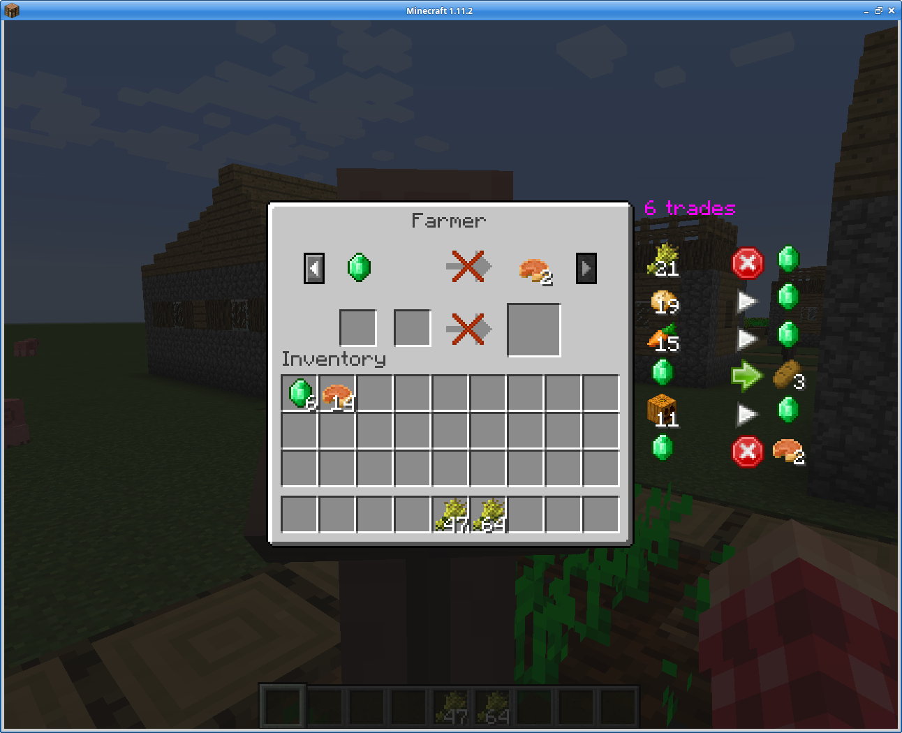 На этом изображении показана торговля с фермером при большом масштабе GUI. Фермер блокирует обмены пшеницей и тыквенным пирогом. Все остальные сделки разрешены, но у игрока нет картофеля, моркови и тыкв, поэтому эти сделки не сработают. На этом изображении показана торговля с фермером при большом масштабе GUI. Фермер блокирует обмены пшеницей и тыквенным пирогом. Все остальные сделки разрешены, но у игрока нет картофеля, моркови и тыкв, поэтому эти сделки не сработают.