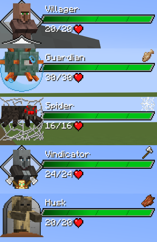 Каждой группе существ присваивается уникальная иконка и портрет. Другие моды могут использовать API этого мода, чтобы добавлять дополнительные портреты и иконки, даже для отдельных мобов. Каждой группе существ присваивается уникальная иконка и портрет. Другие моды могут использовать API этого мода, чтобы добавлять дополнительные портреты и иконки, даже для отдельных мобов.