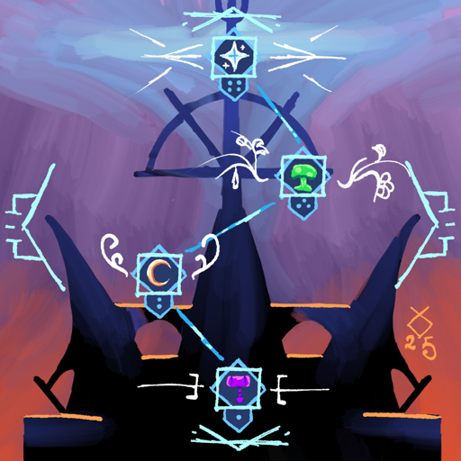 Чёрный силуэт высокой башни на градиентном фоне, синем вверху, фиолетовом в середине и оранжевом внизу; поверх наложены четыре символа, соединённые в созвездие — снизу вверх: фиолетовый молот, жёлтый полумесяц, зелёный гриб и холодная белая звезда. Чёрный силуэт высокой башни на градиентном фоне, синем вверху, фиолетовом в середине и оранжевом внизу; поверх наложены четыре символа, соединённые в созвездие — снизу вверх: фиолетовый молот, жёлтый полумесяц, зелёный гриб и холодная белая звезда.