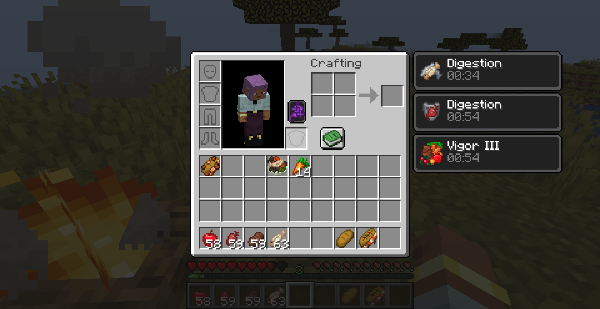 Некоторые продукты дают отложенные эффекты, для обработки которых требуется время. Индикатор желудка показывает текущий уровень питания игрока. (В данном случае он заполнен.) Некоторые продукты дают отложенные эффекты, для обработки которых требуется время. Индикатор желудка показывает текущий уровень питания игрока. (В данном случае он заполнен.)