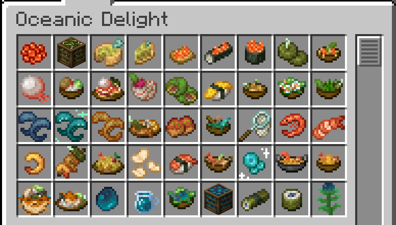 Вот список всех предметов и блоков, присутствующих на творческой вкладке Oceanic Delight версии 1.0 Вот список всех предметов и блоков, присутствующих на творческой вкладке Oceanic Delight версии 1.0