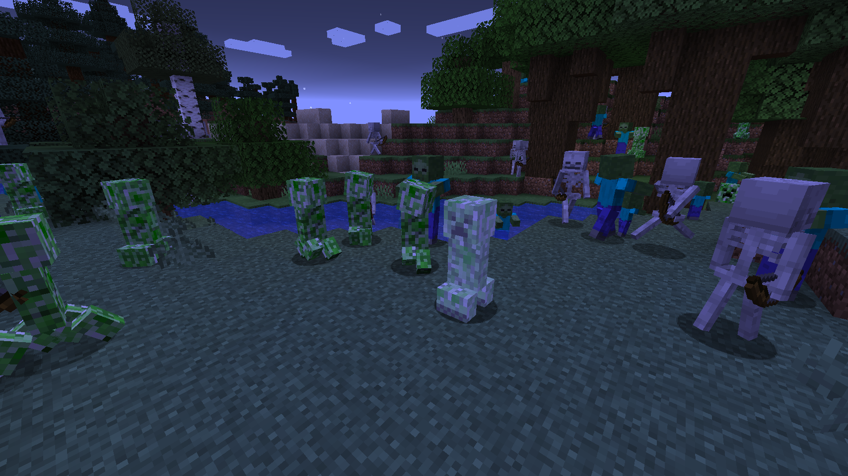 Группа монстров убегает от взрывающегося крипера. Группа монстров убегает от взрывающегося крипера.