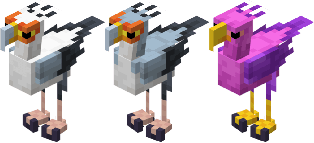 Секретарь-птицы — хищные птицы, обитающие в саваннах. Они нападают на всё, что ниже одного блока, и улетают, когда их ранят. Их также можно приручить кроличьим мясом. Их когти можно пропитать эффектами зелий для использования в бою! Секретарь-птицы — хищные птицы, обитающие в саваннах. Они нападают на всё, что ниже одного блока, и улетают, когда их ранят. Их также можно приручить кроличьим мясом. Их когти можно пропитать эффектами зелий для использования в бою!