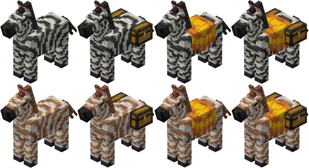 Зебры — нейтральные копытные, обитающие в саваннах. Не подходите к зебре сзади — она может вас копнуть, а стадо разбежится. Зебр можно приручить так же, как лошадей, и использовать аналогично мулам или ослам. Также существует редкий коричневый вариант! Зебры — нейтральные копытные, обитающие в саваннах. Не подходите к зебре сзади — она может вас копнуть, а стадо разбежится. Зебр можно приручить так же, как лошадей, и использовать аналогично мулам или ослам. Также существует редкий коричневый вариант!