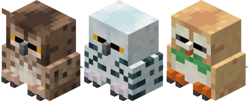 Совы — жуткие птицы, обитающие в большинстве лесных биомов. Днём они спят, а ночью летают. Совы могут быть приручены кроличьим мясом, а с конвертом их можно использовать как посыльных! Совы — жуткие птицы, обитающие в большинстве лесных биомов. Днём они спят, а ночью летают. Совы могут быть приручены кроличьим мясом, а с конвертом их можно использовать как посыльных!